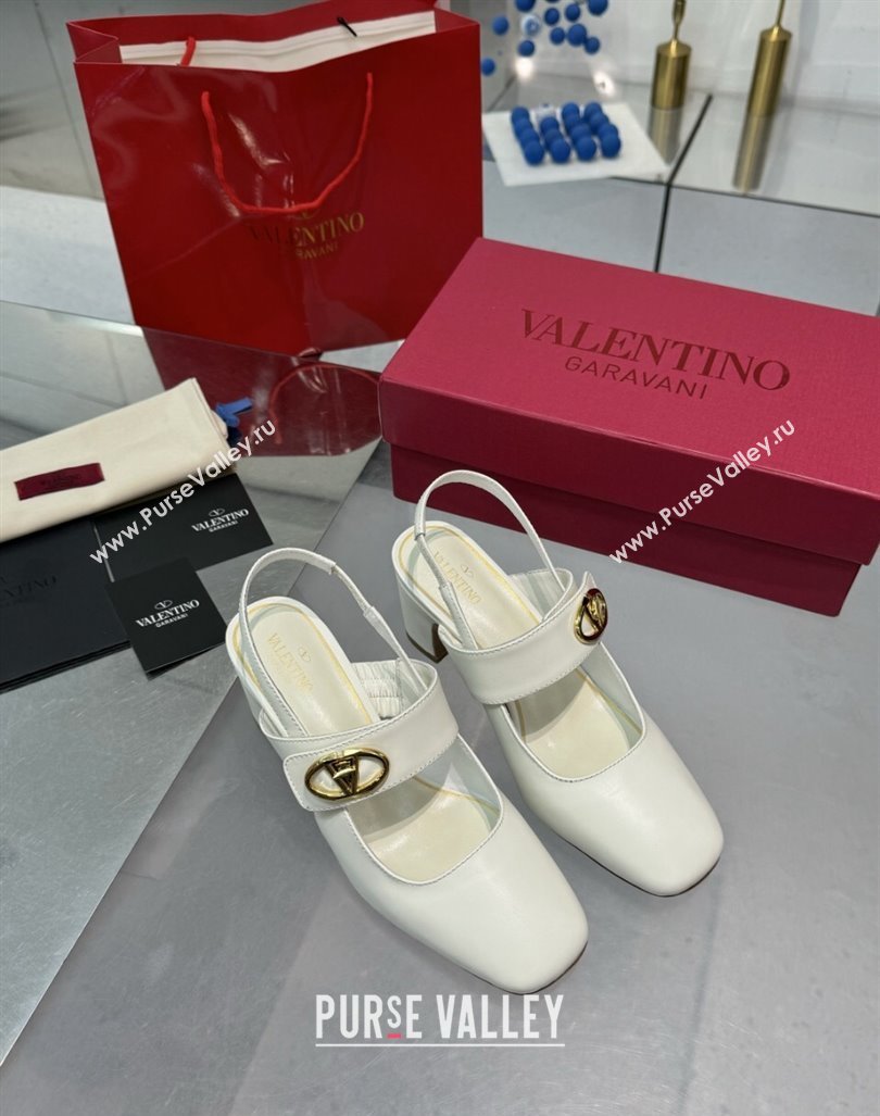 Valentino VLogo Locker Mary-Janes Slingback Pumps 6cm in Calfskin Leather White 2024 (XL-241009028)