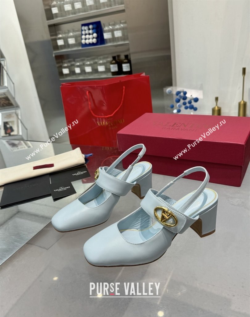 Valentino VLogo Locker Mary-Janes Slingback Pumps 6cm in Calfskin Leather Light Blue 2024 (XL-241009029)