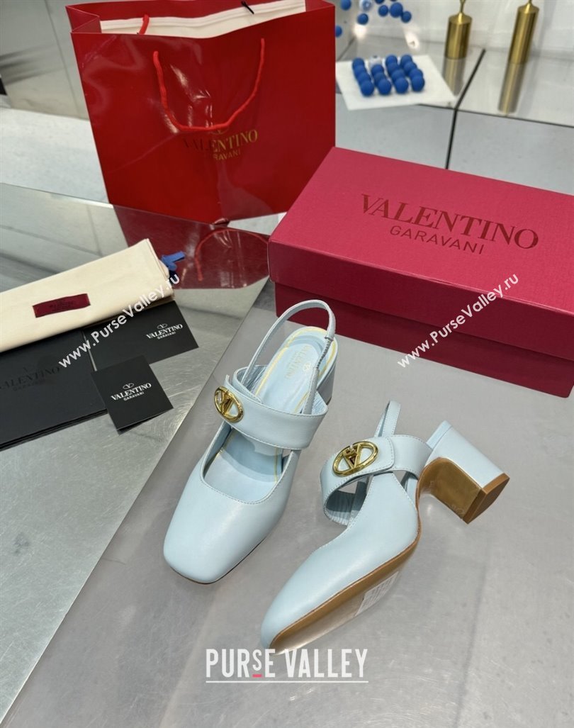 Valentino VLogo Locker Mary-Janes Slingback Pumps 6cm in Calfskin Leather Light Blue 2024 (XL-241009029)