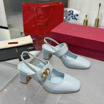 Valentino VLogo Locker Mary-Janes Slingback Pumps 6cm in Calfskin Leather Light Blue 2024 (XL-241009029)