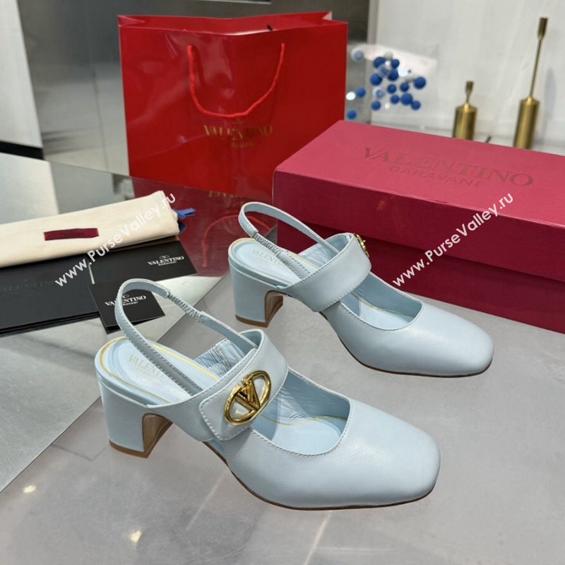 Valentino VLogo Locker Mary-Janes Slingback Pumps 6cm in Calfskin Leather Light Blue 2024 (XL-241009029)