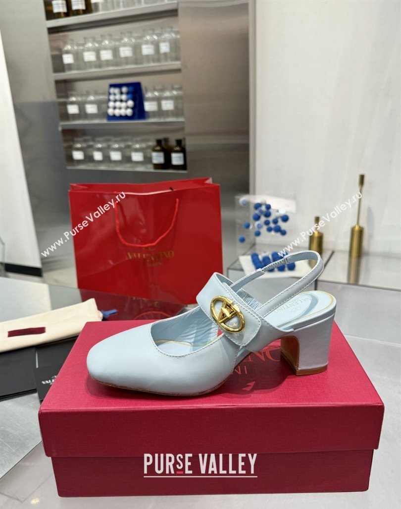 Valentino VLogo Locker Mary-Janes Slingback Pumps 6cm in Calfskin Leather Light Blue 2024 (XL-241009029)