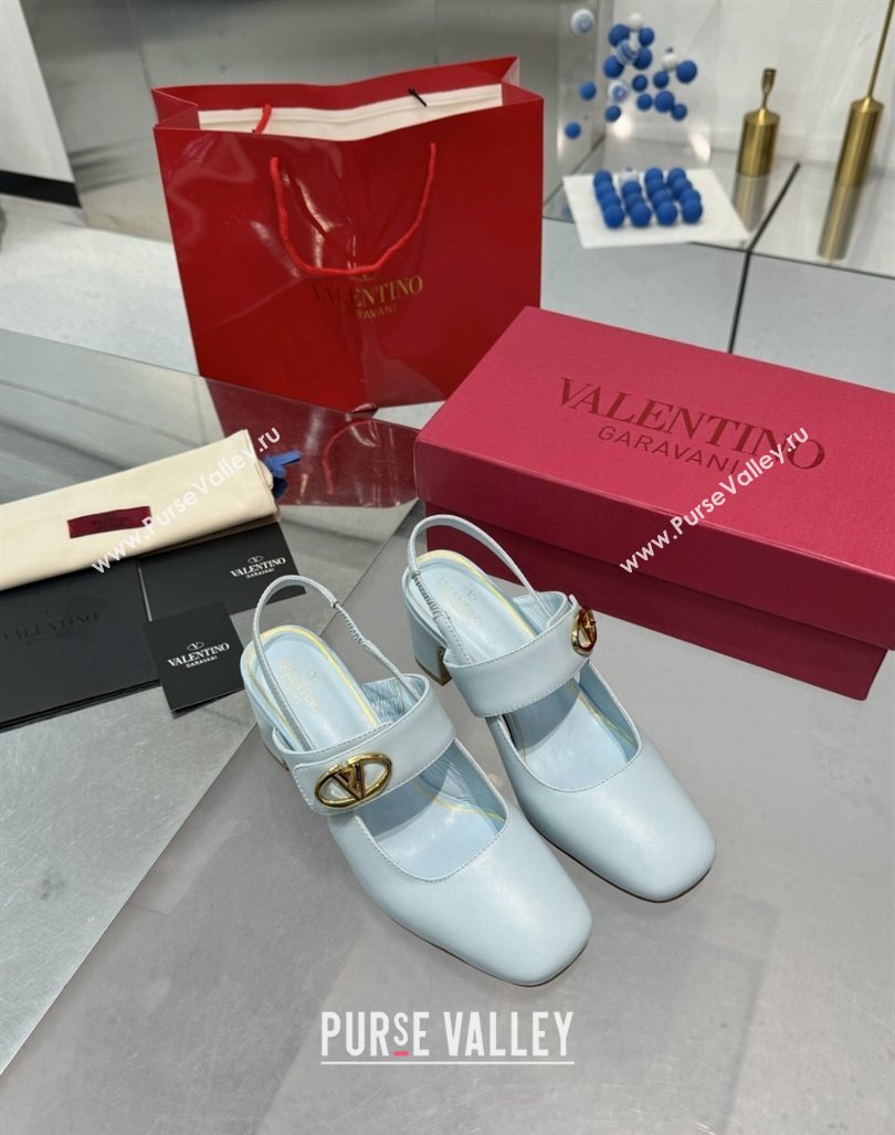 Valentino VLogo Locker Mary-Janes Slingback Pumps 6cm in Calfskin Leather Light Blue 2024 (XL-241009029)