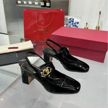 Valentino VLogo Locker Mary-Janes Slingback Pumps 6cm in Patent Leather Black 2024 (XL-241009031)