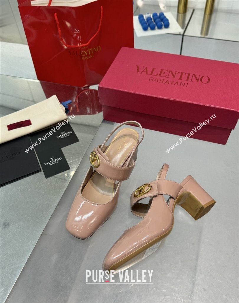 Valentino VLogo Locker Mary-Janes Slingback Pumps 6cm in Patent Leather Dusty Pink 2024 (XL-241009034)