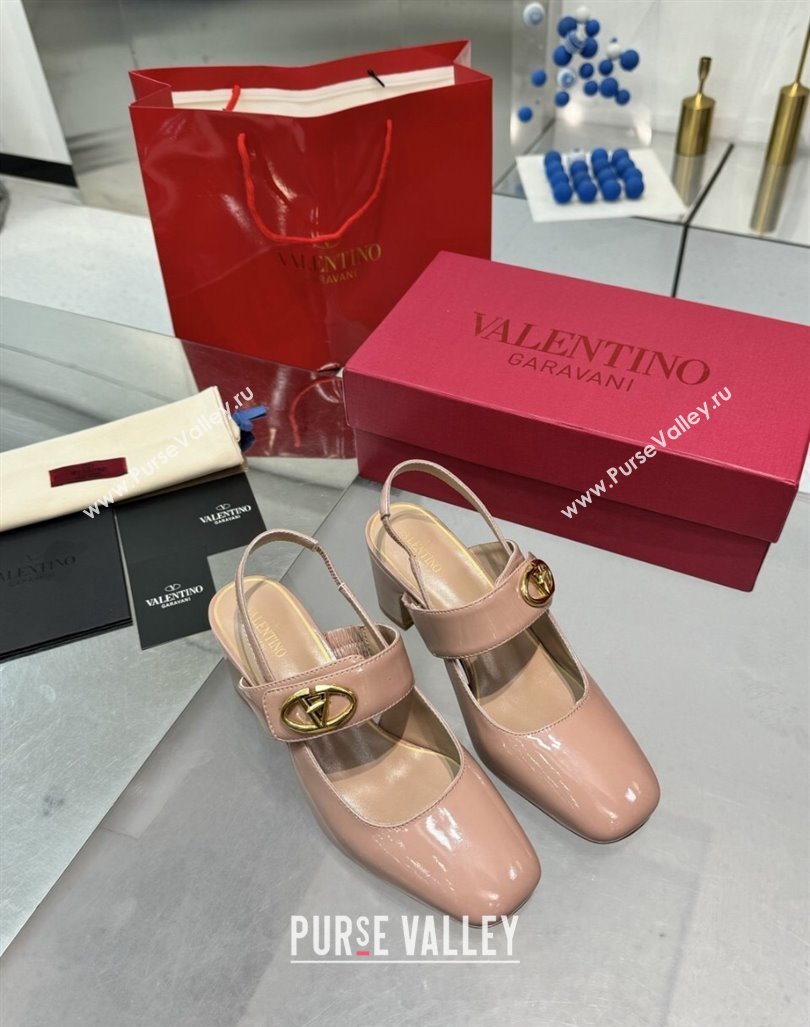 Valentino VLogo Locker Mary-Janes Slingback Pumps 6cm in Patent Leather Dusty Pink 2024 (XL-241009034)