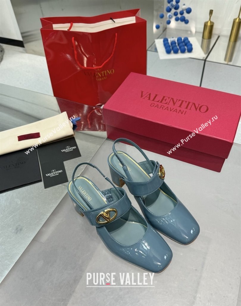 Valentino VLogo Locker Mary-Janes Slingback Pumps 6cm in Patent Leather Blue 2024 (XL-241009035)