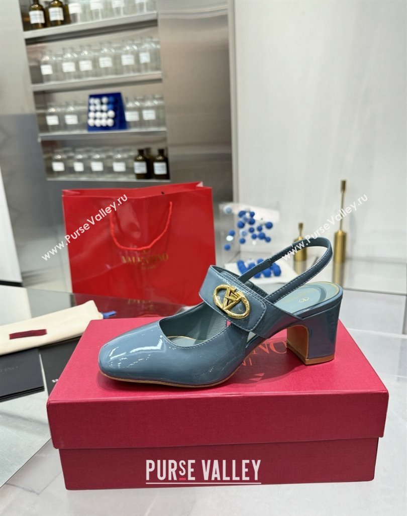 Valentino VLogo Locker Mary-Janes Slingback Pumps 6cm in Patent Leather Blue 2024 (XL-241009035)