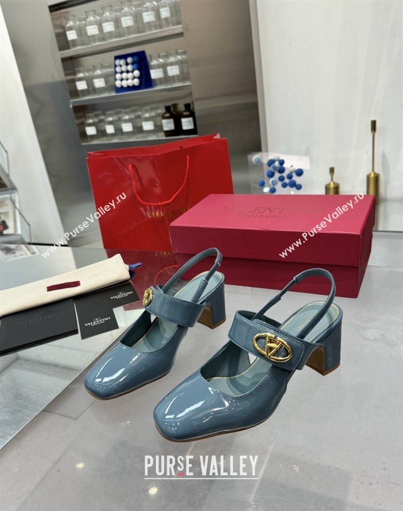 Valentino VLogo Locker Mary-Janes Slingback Pumps 6cm in Patent Leather Blue 2024 (XL-241009035)