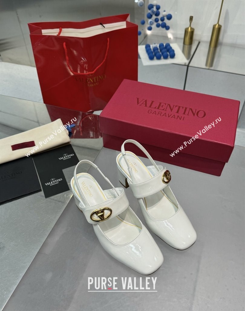 Valentino VLogo Locker Mary-Janes Slingback Pumps 6cm in Patent Leather White 2024 (XL-241009038)