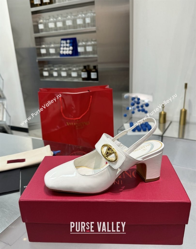 Valentino VLogo Locker Mary-Janes Slingback Pumps 6cm in Patent Leather White 2024 (XL-241009038)