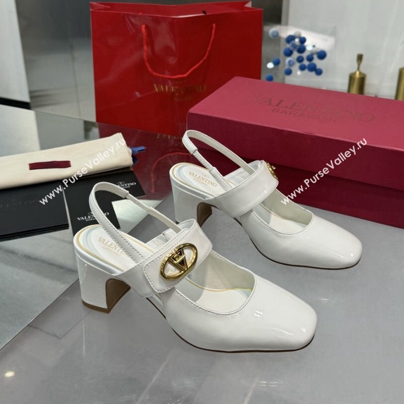 Valentino VLogo Locker Mary-Janes Slingback Pumps 6cm in Patent Leather White 2024 (XL-241009038)