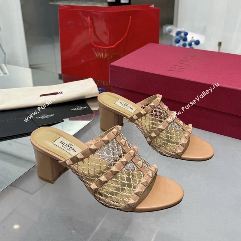 Valentino Rockstud Heel Slides Sandal 6.5cm in Mesh and Nappa Leather Beige 2024 (XL-241009041)