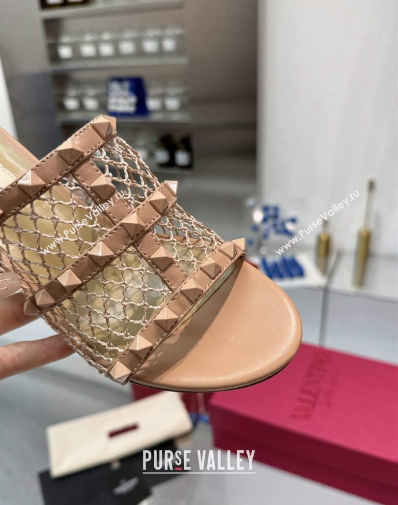 Valentino Rockstud Heel Slides Sandal 6.5cm in Mesh and Nappa Leather Beige 2024 (XL-241009041)