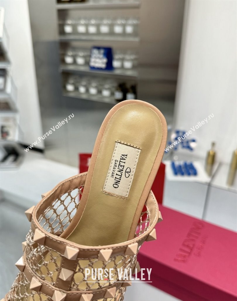 Valentino Rockstud Heel Slides Sandal 6.5cm in Mesh and Nappa Leather Beige 2024 (XL-241009041)