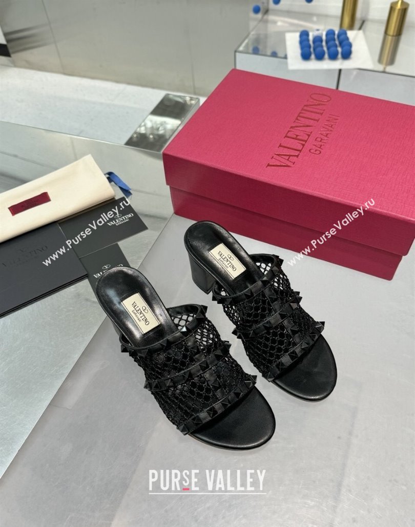 Valentino Rockstud Heel Slides Sandal 6.5cm in Mesh and Nappa Leather Black 2024 (XL-241009044)