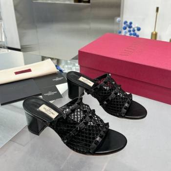 Valentino Rockstud Heel Slides Sandal 6.5cm in Mesh and Nappa Leather Black 2024 (XL-241009044)