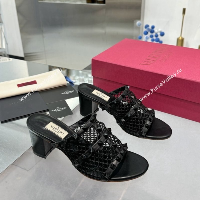 Valentino Rockstud Heel Slides Sandal 6.5cm in Mesh and Nappa Leather Black 2024 (XL-241009044)