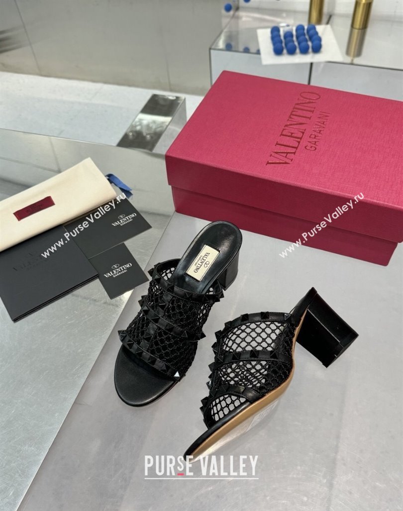 Valentino Rockstud Heel Slides Sandal 6.5cm in Mesh and Nappa Leather Black 2024 (XL-241009044)