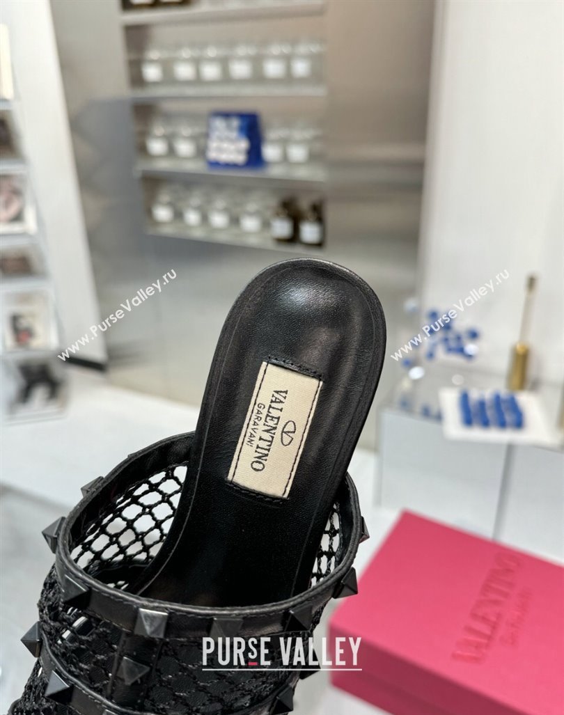 Valentino Rockstud Heel Slides Sandal 6.5cm in Mesh and Nappa Leather Black 2024 (XL-241009044)