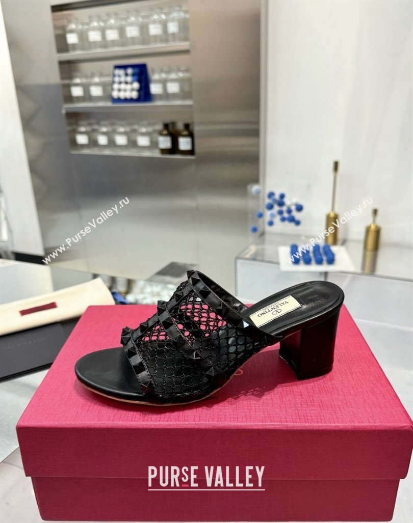 Valentino Rockstud Heel Slides Sandal 6.5cm in Mesh and Nappa Leather Black 2024 (XL-241009044)