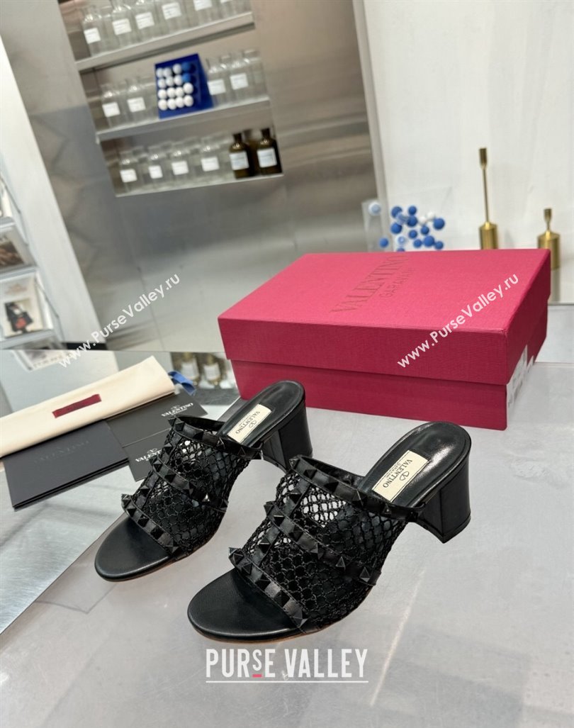 Valentino Rockstud Heel Slides Sandal 6.5cm in Mesh and Nappa Leather Black 2024 (XL-241009044)