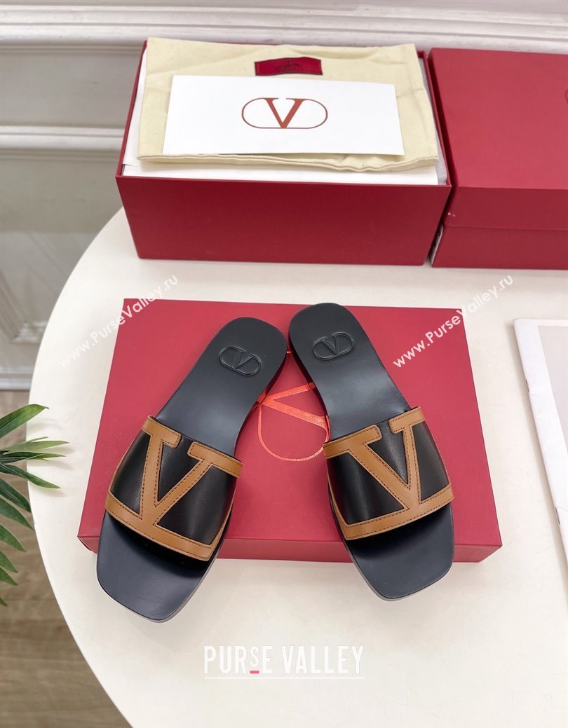 Valentino Calfskin VLogo Flat Slides Sandal Black/Brown 2024 VLTN111601 (MD-241116033)