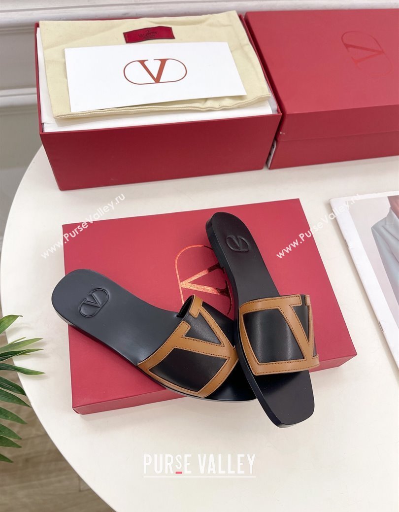 Valentino Calfskin VLogo Flat Slides Sandal Black/Brown 2024 VLTN111601 (MD-241116033)