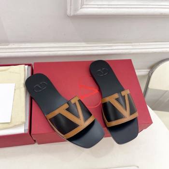 Valentino Calfskin VLogo Flat Slides Sandal Black/Brown 2024 VLTN111601 (MD-241116033)