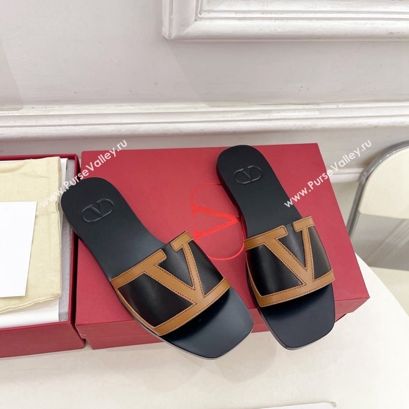 Valentino Calfskin VLogo Flat Slides Sandal Black/Brown 2024 VLTN111601 (MD-241116033)