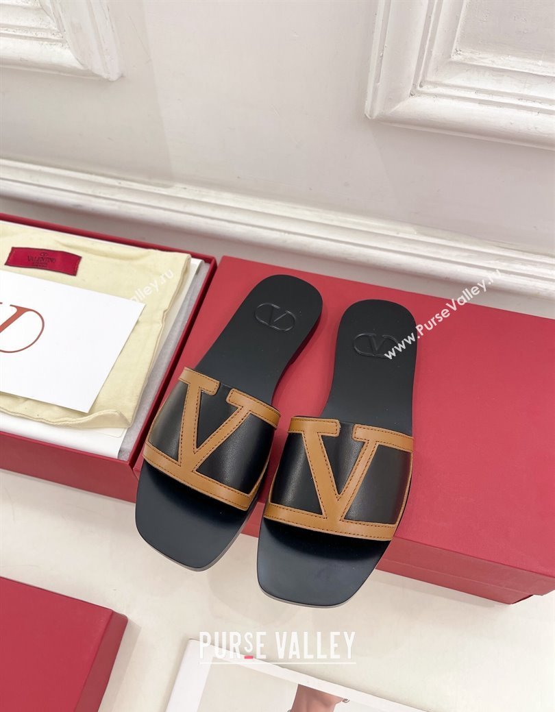 Valentino Calfskin VLogo Flat Slides Sandal Black/Brown 2024 VLTN111601 (MD-241116033)