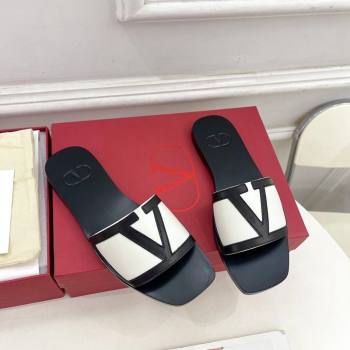 Valentino Calfskin VLogo Flat Slides Sandal White/Black2 2024 VLTN111601 (MD-241116034)