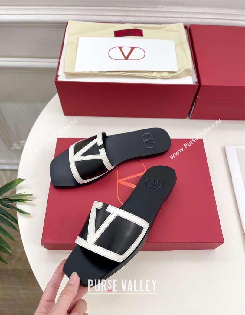 Valentino Calfskin VLogo Flat Slides Sandal Black/White2 2024 VLTN111601 (MD-241116035)