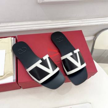 Valentino Calfskin VLogo Flat Slides Sandal Black/White2 2024 VLTN111601 (MD-241116035)