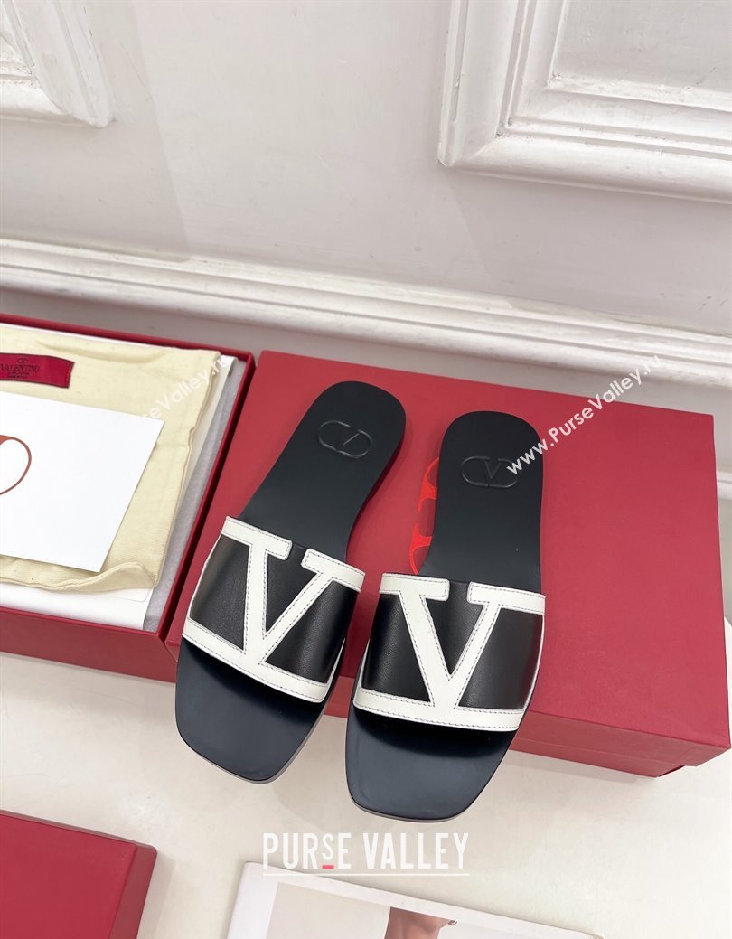 Valentino Calfskin VLogo Flat Slides Sandal Black/White2 2024 VLTN111601 (MD-241116035)