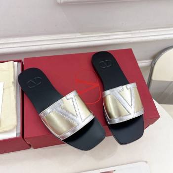 Valentino Calfskin VLogo Flat Slides Sandal Gold/Silver2 2024 VLTN111601 (MD-241116036)