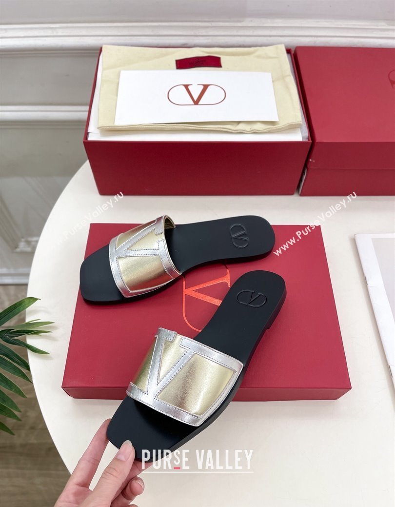 Valentino Calfskin VLogo Flat Slides Sandal Gold/Silver2 2024 VLTN111601 (MD-241116036)