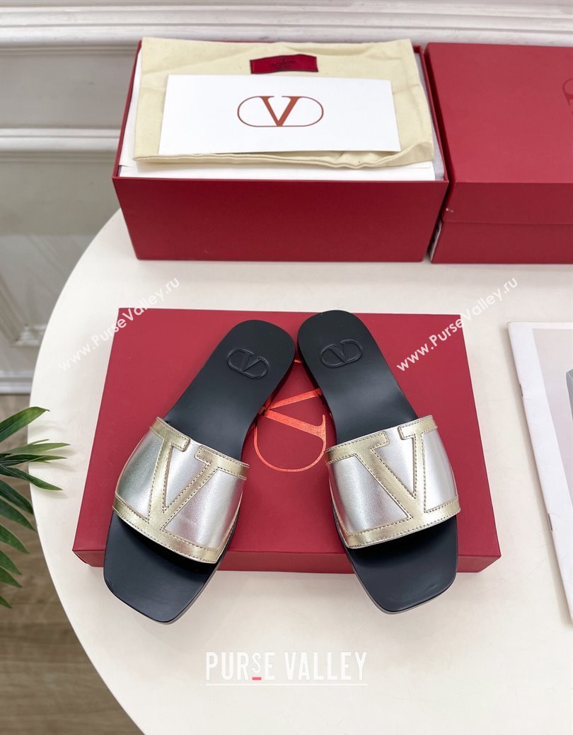 Valentino Calfskin VLogo Flat Slides Sandal Silver/Gold2 2024 VLTN111601 (MD-241116037)