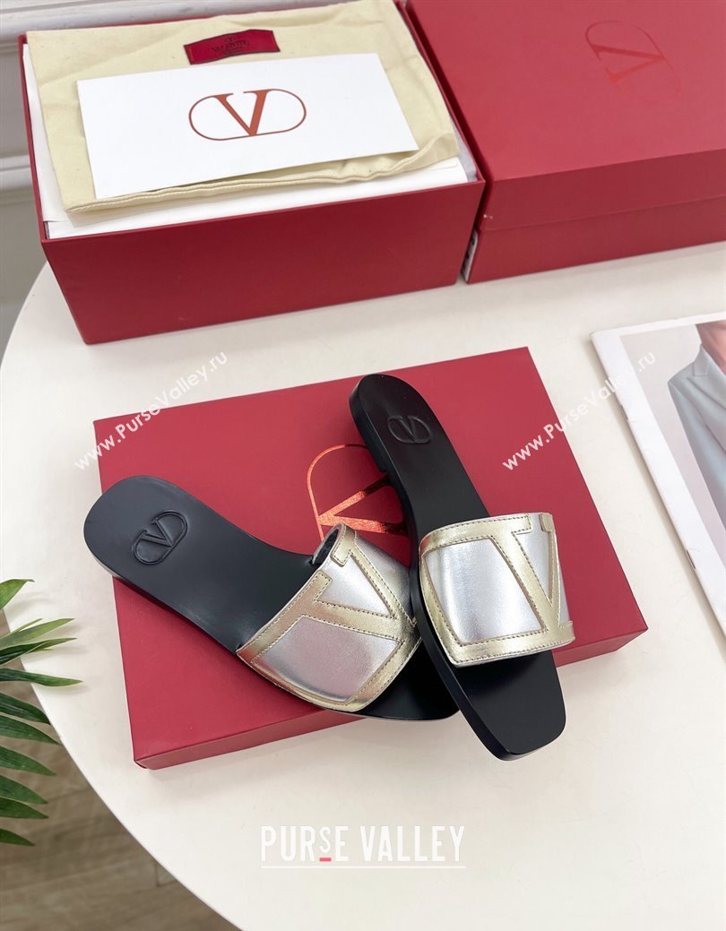 Valentino Calfskin VLogo Flat Slides Sandal Silver/Gold2 2024 VLTN111601 (MD-241116037)