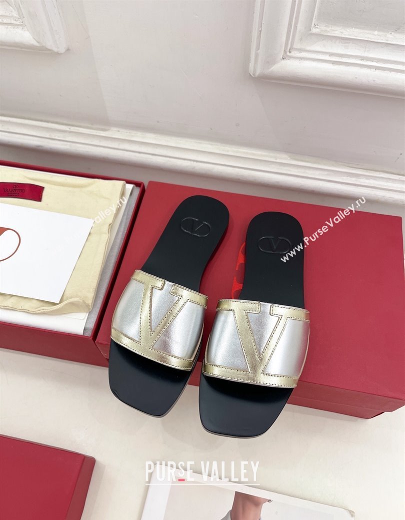 Valentino Calfskin VLogo Flat Slides Sandal Silver/Gold2 2024 VLTN111601 (MD-241116037)