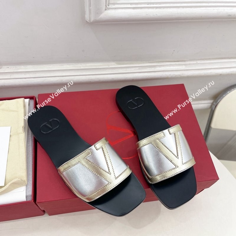 Valentino Calfskin VLogo Flat Slides Sandal Silver/Gold2 2024 VLTN111601 (MD-241116037)