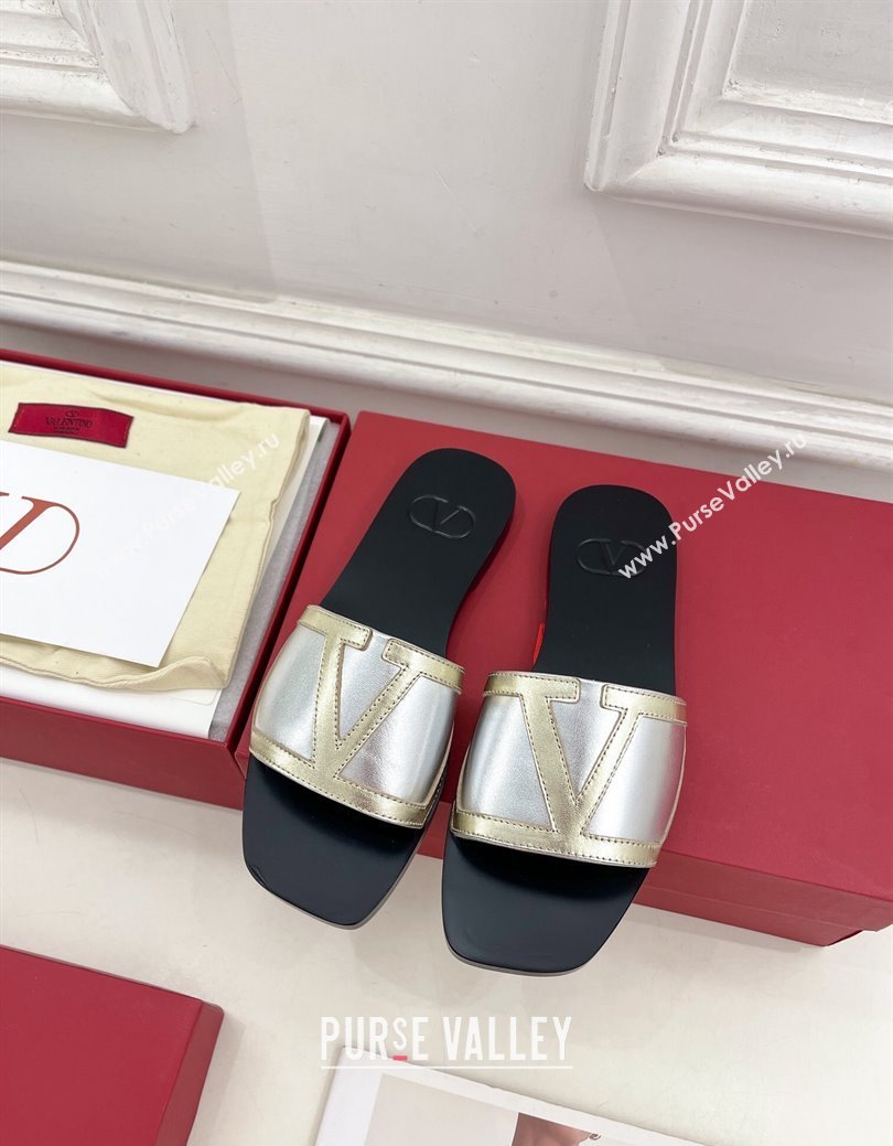 Valentino Calfskin VLogo Flat Slides Sandal Silver/Gold2 2024 VLTN111601 (MD-241116037)