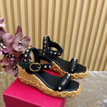 Valentino Roman Stud Wedge Sandals 4.5/7.5cm with Straw-Like Outsole Black 2024 (MD-241116038)