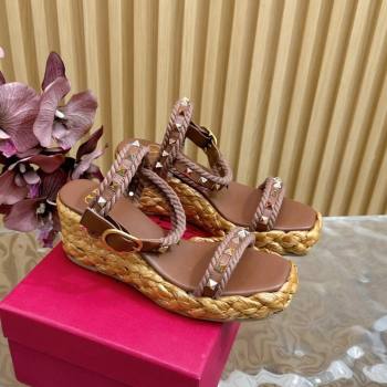 Valentino Roman Stud Wedge Sandals 4.5/7.5cm with Straw-Like Outsole Brown 2024 (MD-241116040)