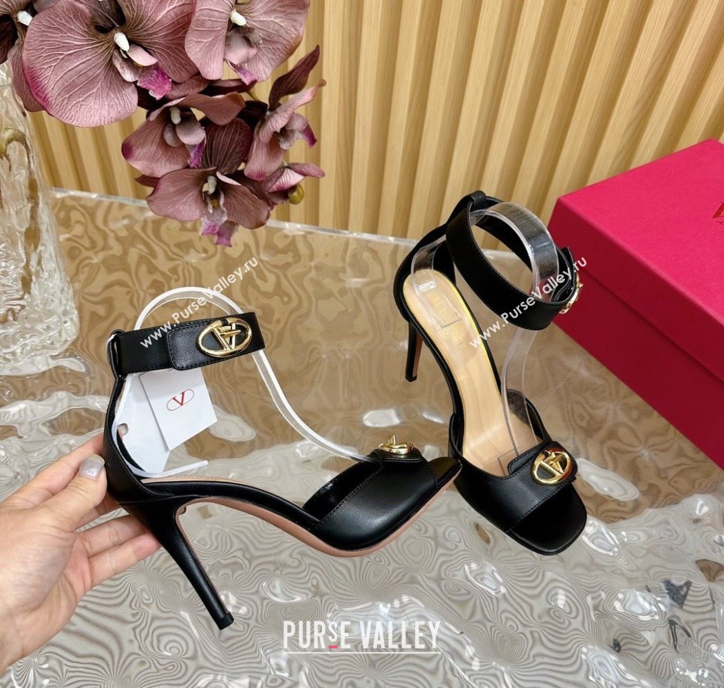 Valentino VLogo Locker Calfskin Leather High Heel Sandals 9.5cm Black 2024 (KL-241116050)