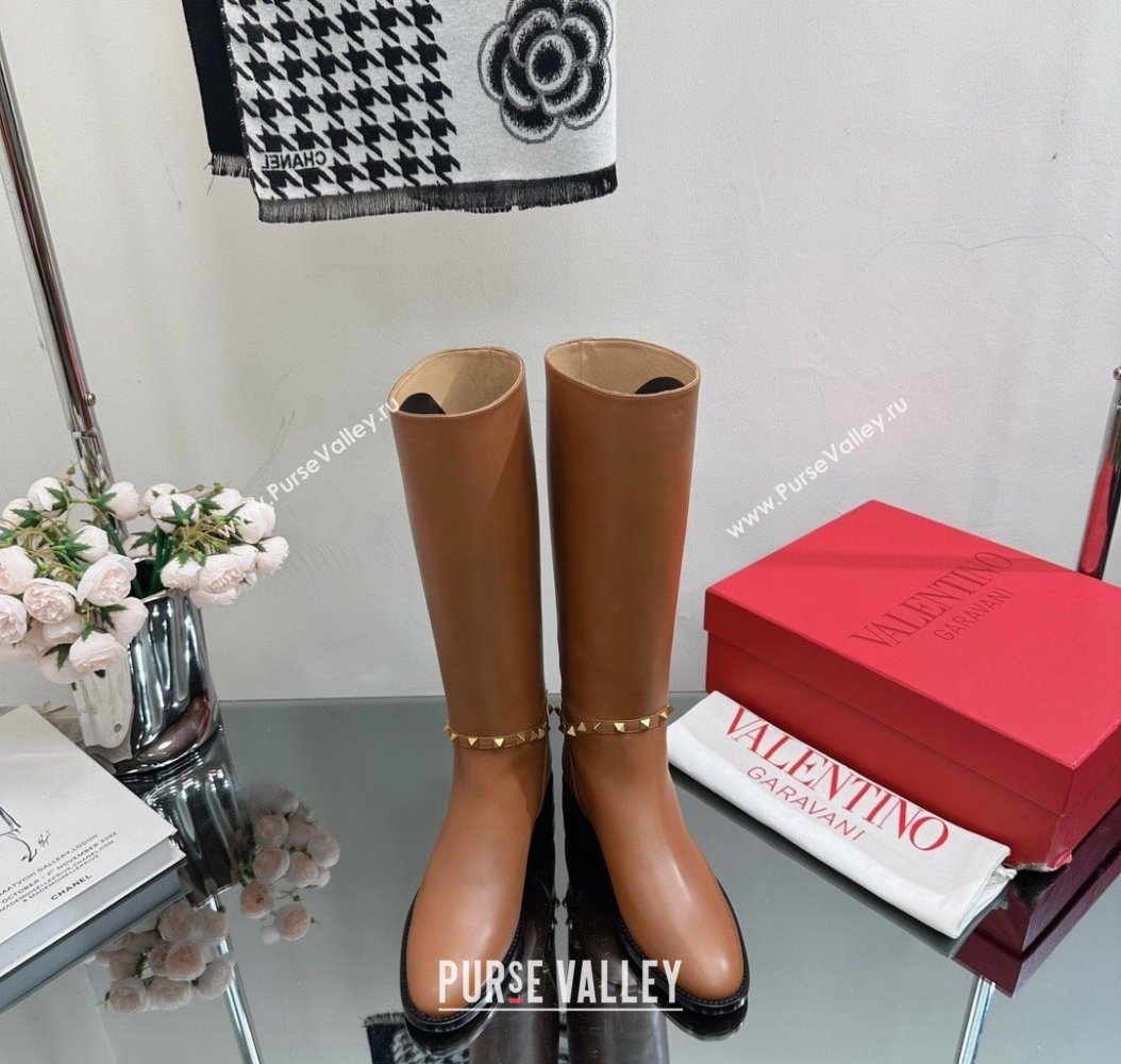 Valentino Rockstud Calfskin Leather High Boots with Strap Brown 2024 VLTN111801 (SS-241118005)