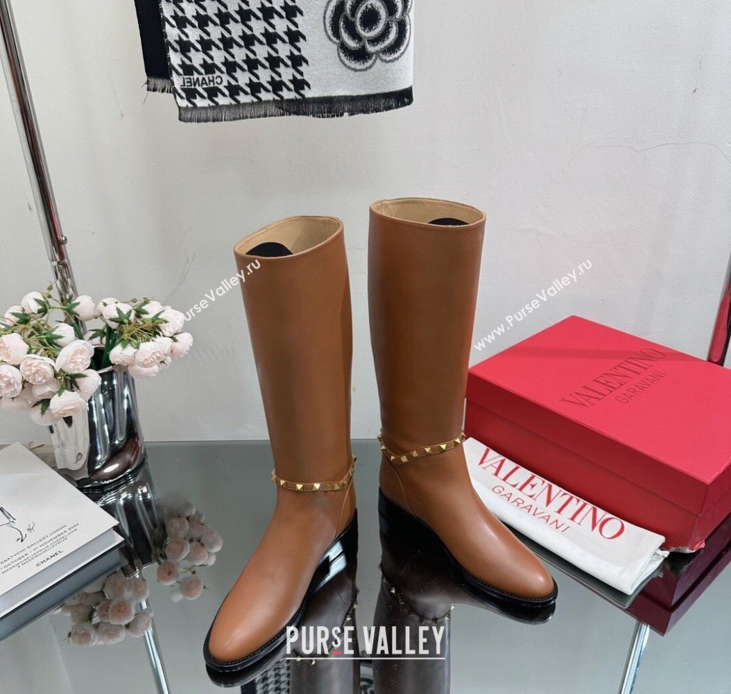 Valentino Rockstud Calfskin Leather High Boots with Strap Brown 2024 VLTN111801 (SS-241118005)