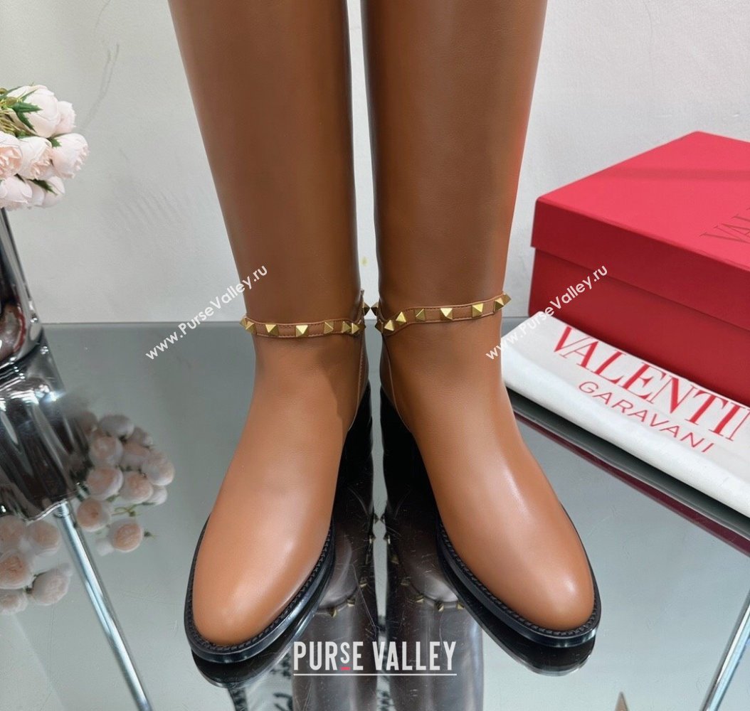 Valentino Rockstud Calfskin Leather High Boots with Strap Brown 2024 VLTN111801 (SS-241118005)