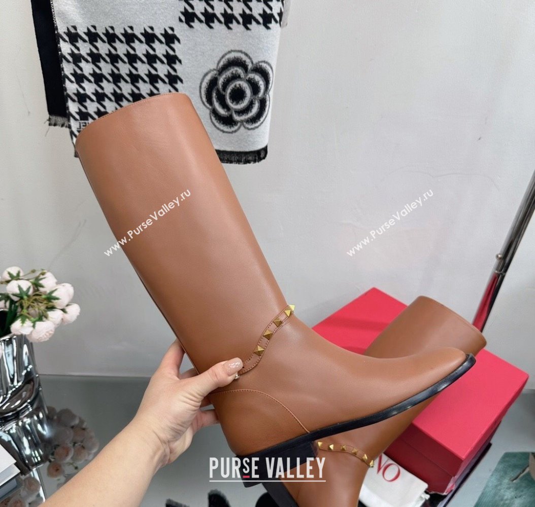 Valentino Rockstud Calfskin Leather High Boots with Strap Brown 2024 VLTN111801 (SS-241118005)