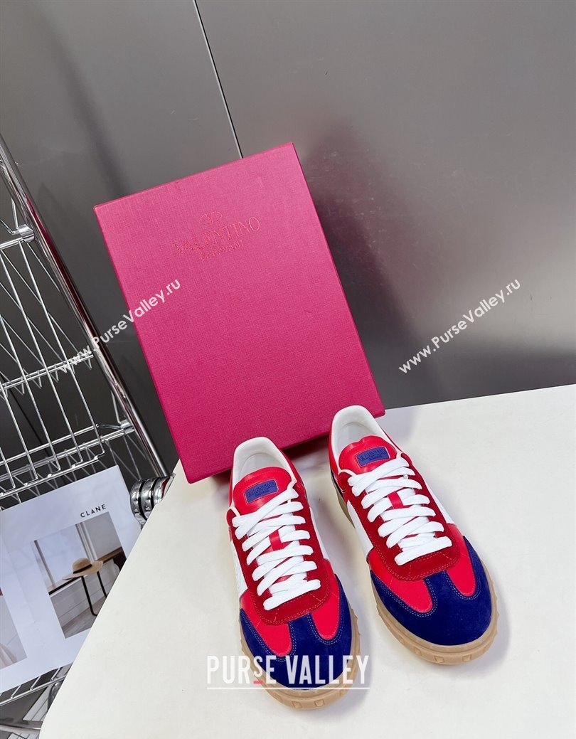 Valentino Upvillage Trainer Sneakers in Calfskin and Suede with Logo Web Red/Blue 2024 (MD-241116025)